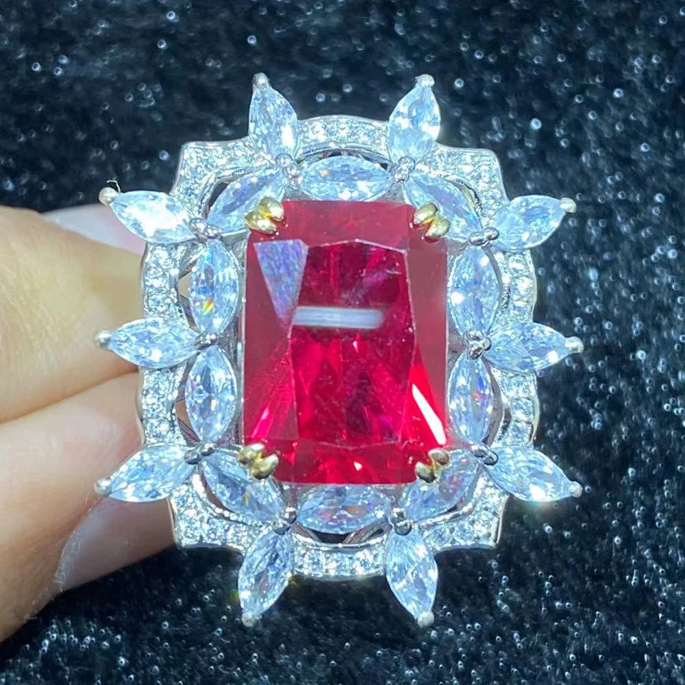 IsRabbit 18K Gold Plated Radiant Cut 10*14MM Lab Grown Ruby Vivid Red Sapphire Faceted Gemstone Ring Luxury Jewelry DropShipping