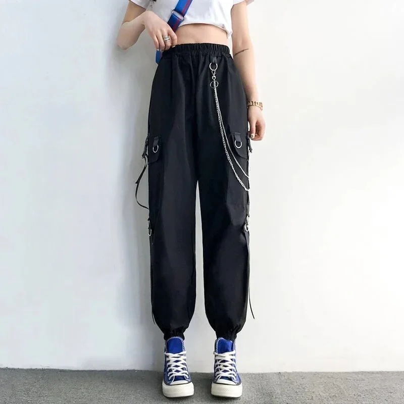ผู้หญิงกางเกง Cargo 2025 Harem กางเกงแฟชั่น Punk กระเป๋า Jogger กางเกงโซ่ Harajuku Elastics เอวสูง Streetwear
