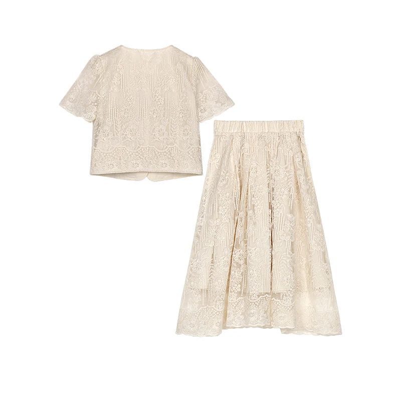 Moda socialite prego grânulo solúvel em água renda curta topo + cintura alta e grande balanço saia de comprimento médio conjunto