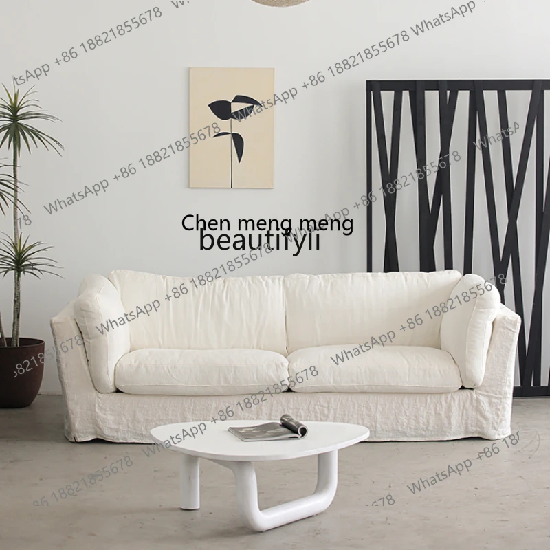 Modern Italian Minimalist Cream Style Fabric Sofa French Retro Linen Three-Person Living Room Sofa