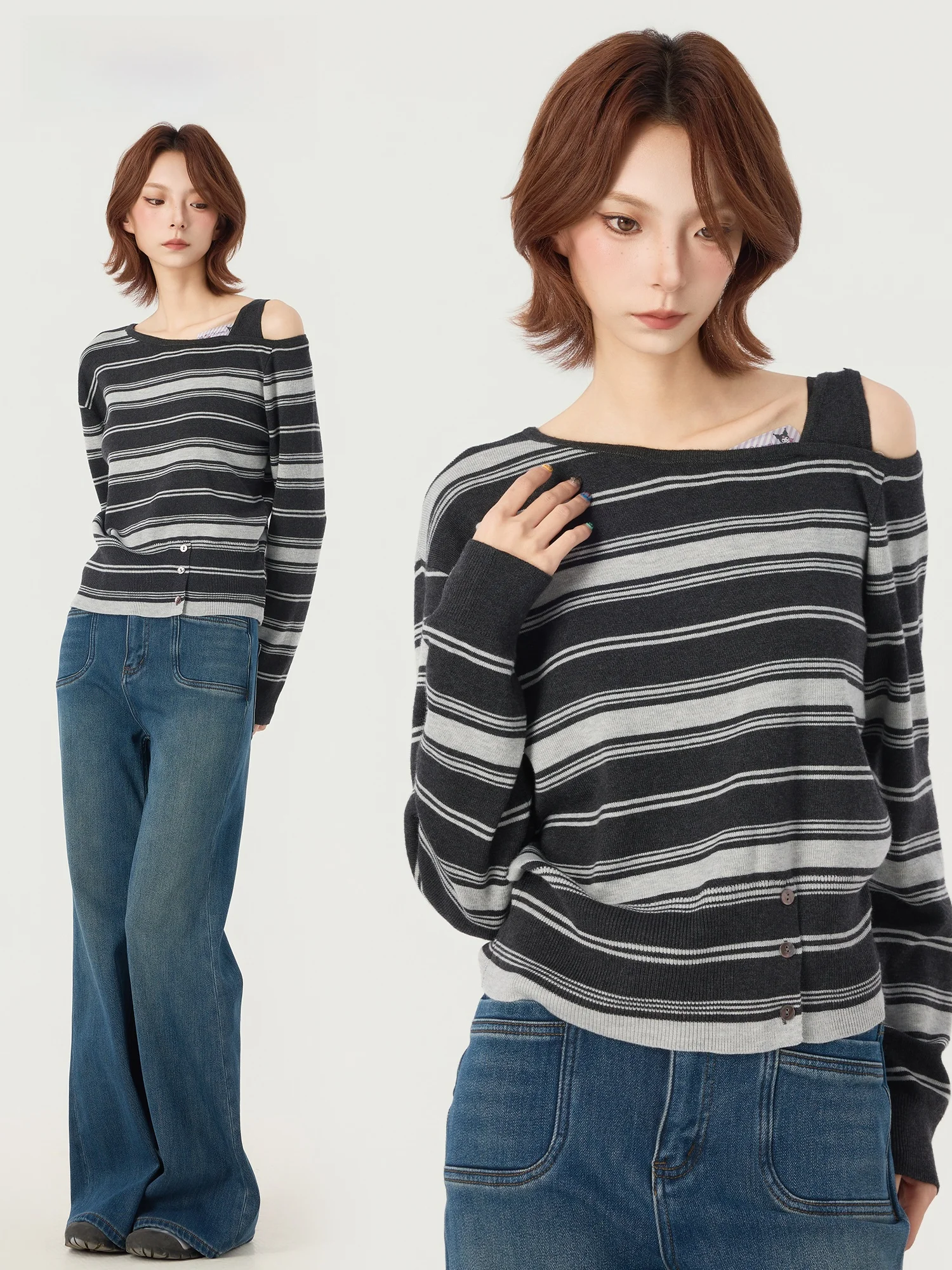 

Ay полосатый топ в стиле ретро Didimax, зимний Новое поступление, свободный крой, длинный свек, круглый вязаный свитер для женщин