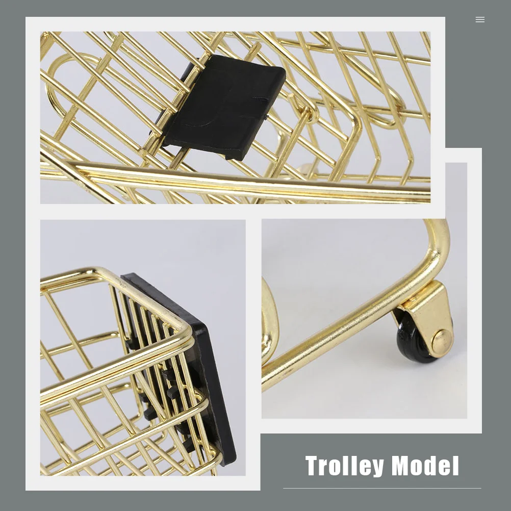 Golden Mini Shopping Cart Metal Storage Basket Trolley naments Home Office Decorations Craft Gifts Storage Baskets Household