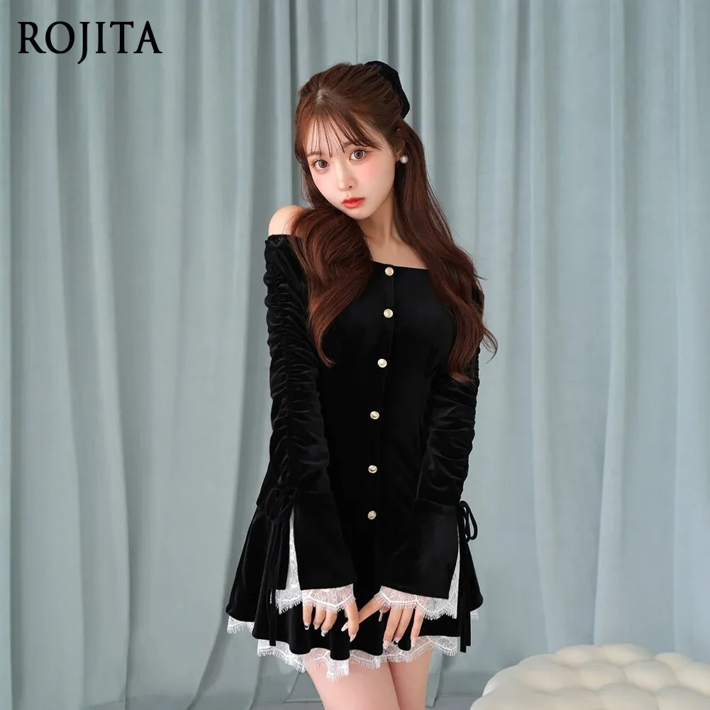 Women Off Shoulder Black Velvet Mini Dress Drawstring Flare Sleeve Lace Ruffle Hem Button Front Vintage Gothic Short Dresses