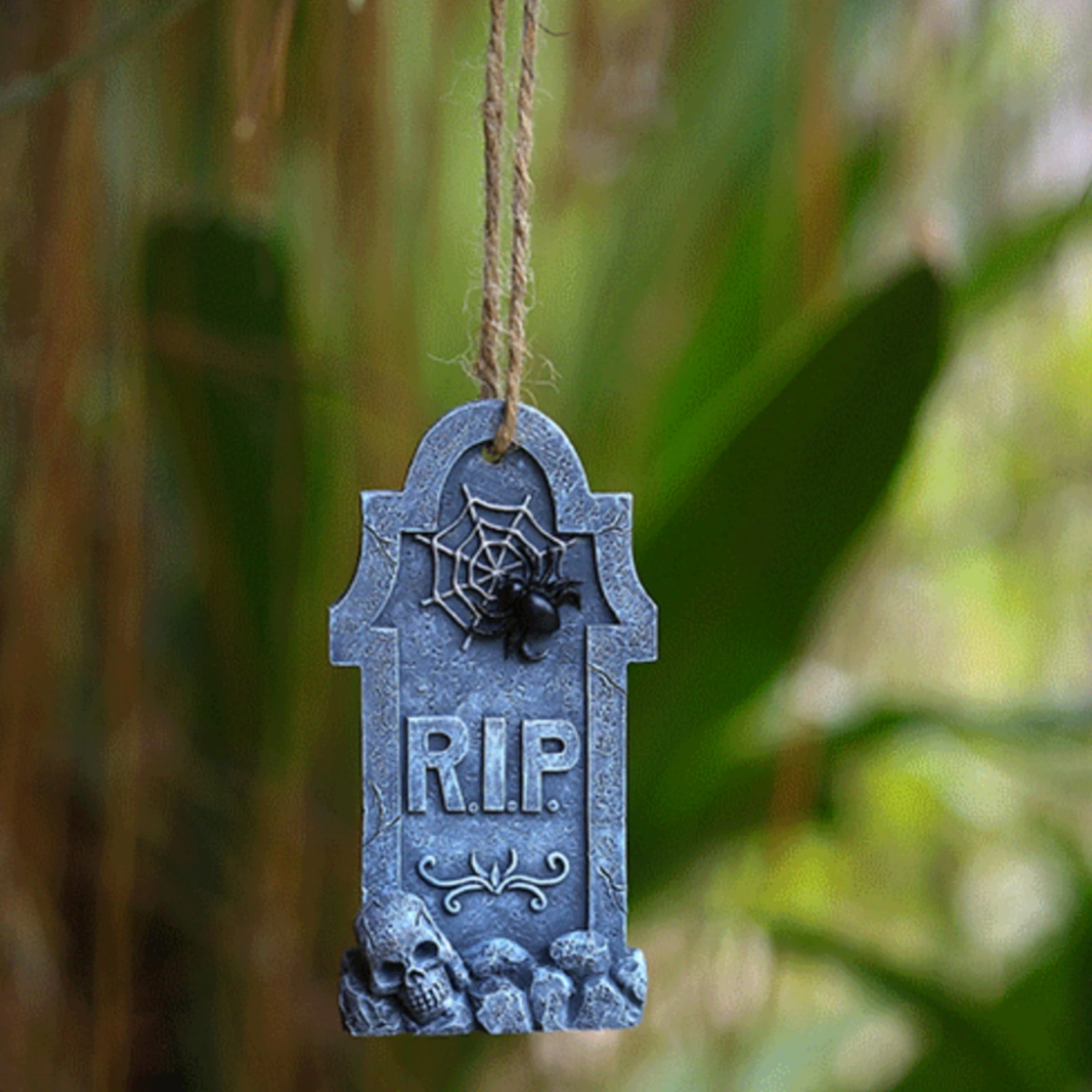 Hanging Tombstone Ornament Stone-Look Tombstone with Jute Rope Resin Gravestone Spooky Gothic for Halloween Party, Haunted House