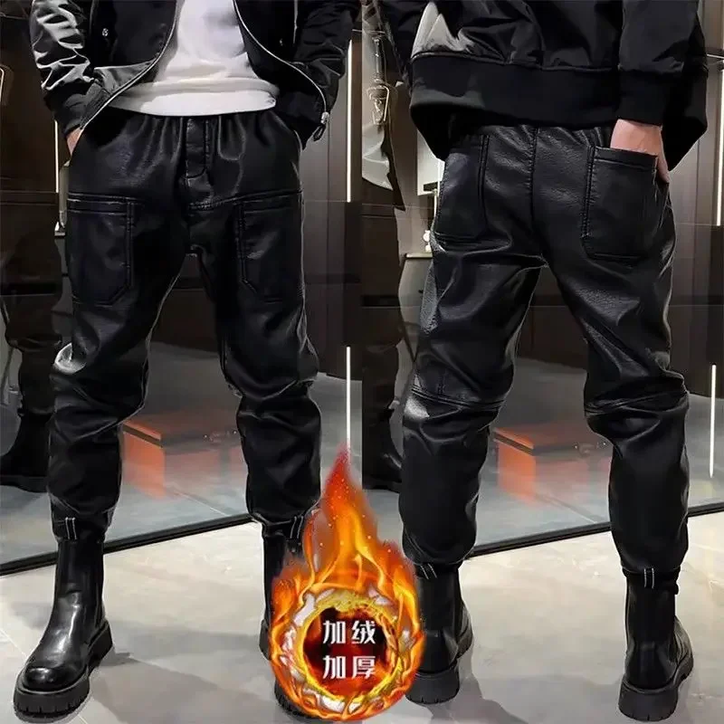 Leather Pants Men's  Winter High-end Trend Fleece Thickened Casual Pants Six Pocket Biker Rider Small Foot Pants