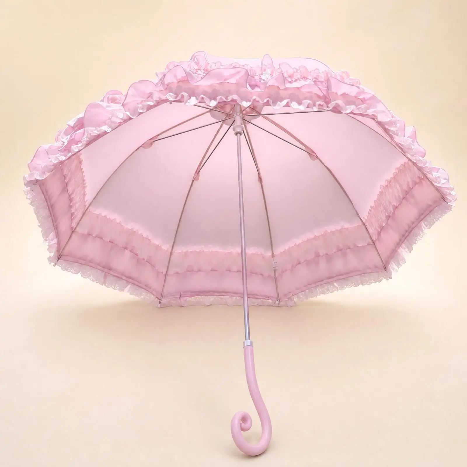 Ruffled Umbrella with Rose Detailing UPF 40safeguarding Umbrella with Hook Handle for Lolita Fashion Fans, Sunny Walks