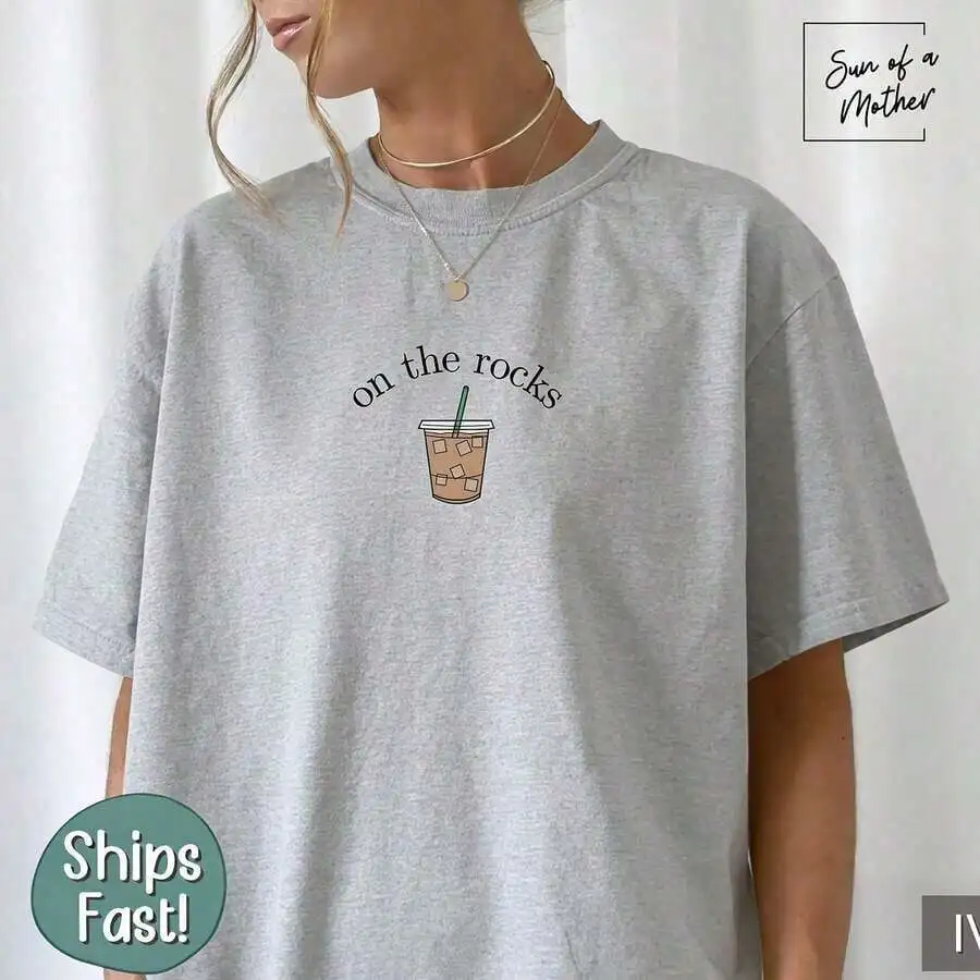 

Women Loose Cotton T-Shirt With On The Rocks Iced Coffee Graphic Print Casual Summer Top