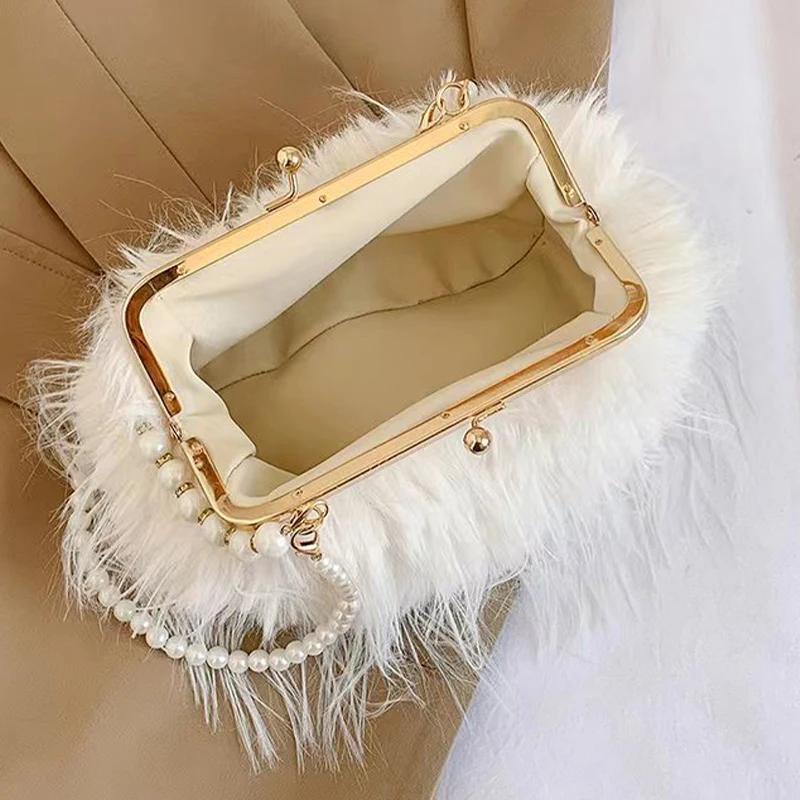 Fashion Women's Plush Handbags Pearls Top Handle Evening Party Clutch Purse Shoulder Messenger Bags Ladies Small Square Fur Bags