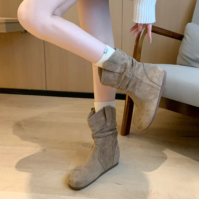 Taupe Suede Hidden Wedge Heel Mid Calf Boots Ruched Detail Comfortable Slip On Casual Fall Winter Booties Internal Increase
