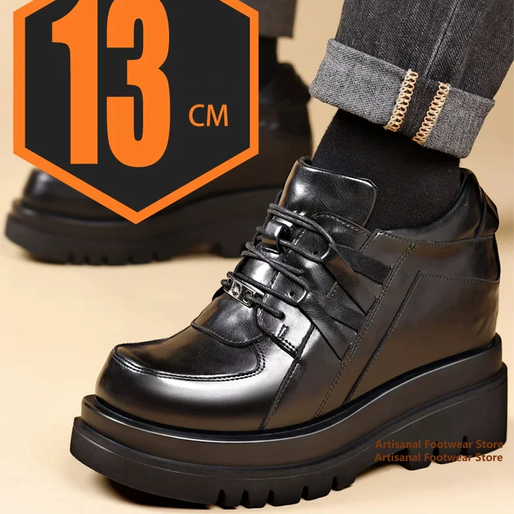 

13cm Height Increasing Men's Leather Shoes Black Leather Thick Soled Derby Shoes Business Dress Shoes Handmade Men's Shoes