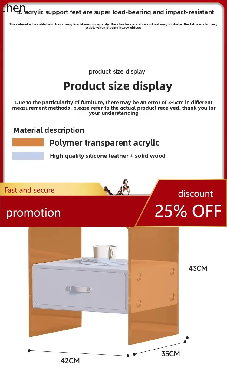 ZML Acrylic Bedside Table Solid Wood Storage Multi-Functional Cream Style Small Side Cabinet