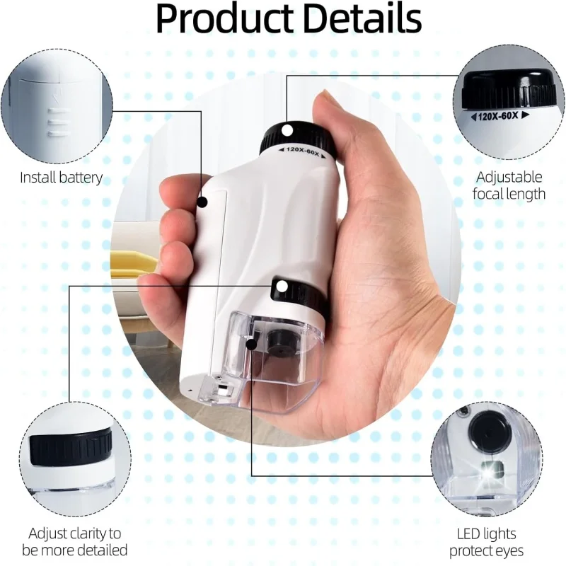 مجهر صغير محمول للجيب للأطفال 60x-120x LED مضاء يده مجهر طالب العلوم تجربة المعدات مجموعة هدية #4