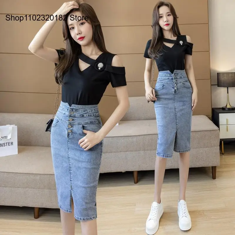 Spring and Summer Casual Travel Commute Silm Fit Mid Length High Waist Bag Hip Split Denim Skirt for Women