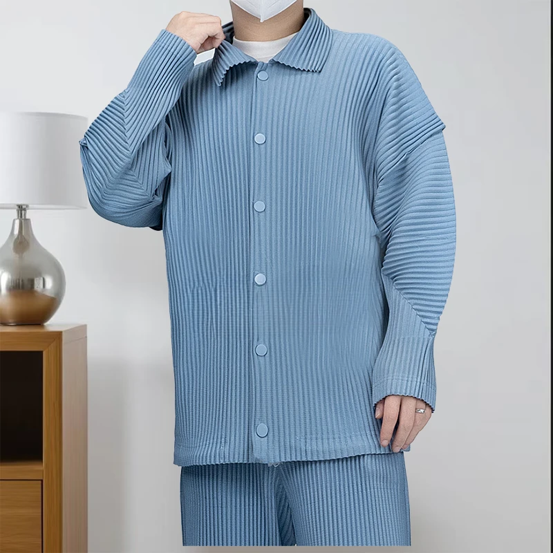 Miyake Japanese Pleated Design Lapel Long-sleeved Shirt Men's Jacket Loose Simple Casual Striped Top Street Trend Shirt 2025 New