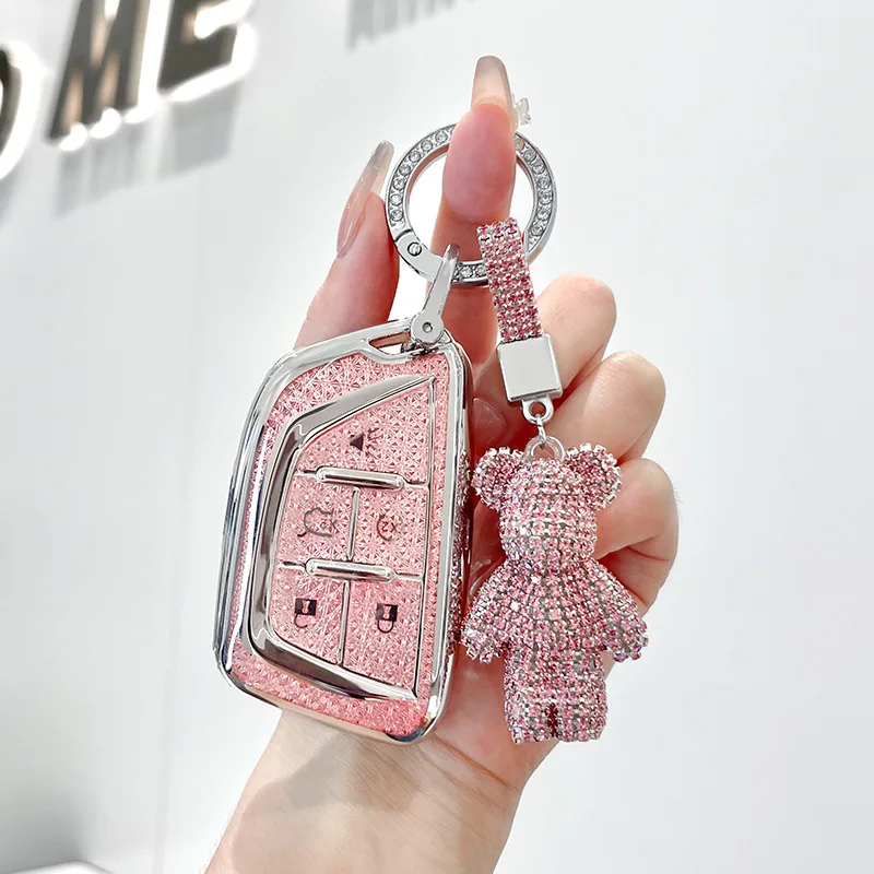 Pink TPU For Cadillac CT5 Ct4 CT6 XT5 XT6 XT4 Escalade 2023 2022 2024 5 Button Remote Smart Car Key Case Cover Fob Bag Keychain