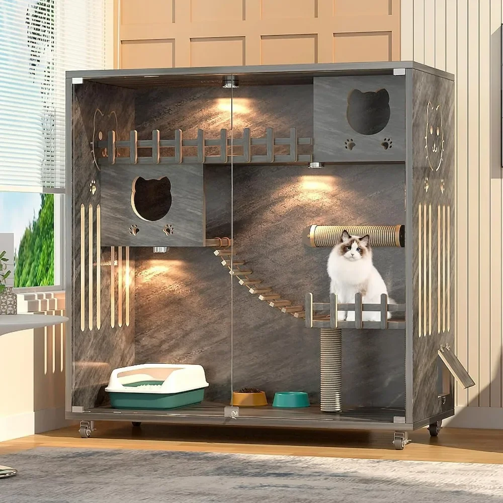 Casa grande de madera para gatos, condominio para gatos con múltiples funciones, postes y ruedas para rascar mascotas, condominio para gatos para puerta de ventilación interior para gatos