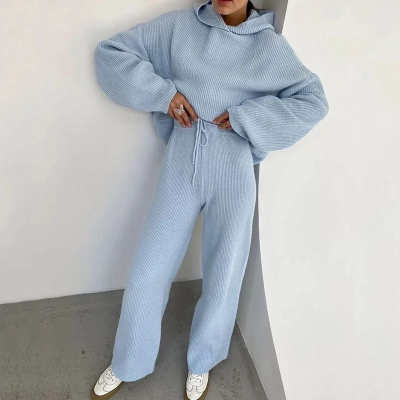 Women Tracksuit Set Autumn Winter Matching Suit Hooded Sweatshirt Wide Leg Pants Loungewear Knitted Sweater Outfit Two Piece Set