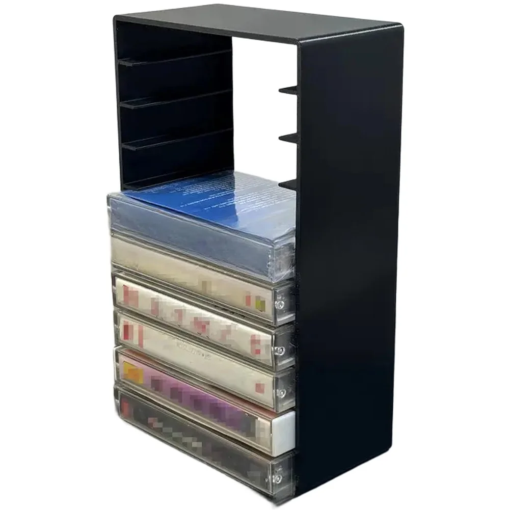 Retro style cassette tape organizer box with magnetic closure holds 10 tapes compact design black plastic construction