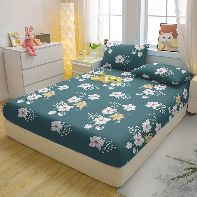 1 Simple Modern Plant Flower Printed Matte Fitted Sheet, Bedroom Printed Bed Cover, Bedding (Excluding Pillowcases)