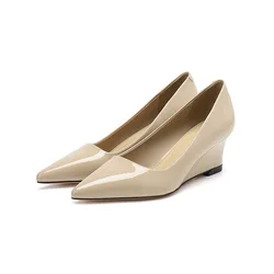 Women's Pu Leather Single Shoes 2025 Spring Shallow Pointed Toe High Heels Fashion Lady Comfort Wedge Heel Office Party Shoes