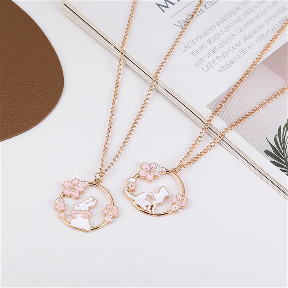 Creative Sakura Bunny Cat Necklace Cute Cartoon Garland Pendant Ladies Jewelry Accessories Necklaces Cartoon Necklace