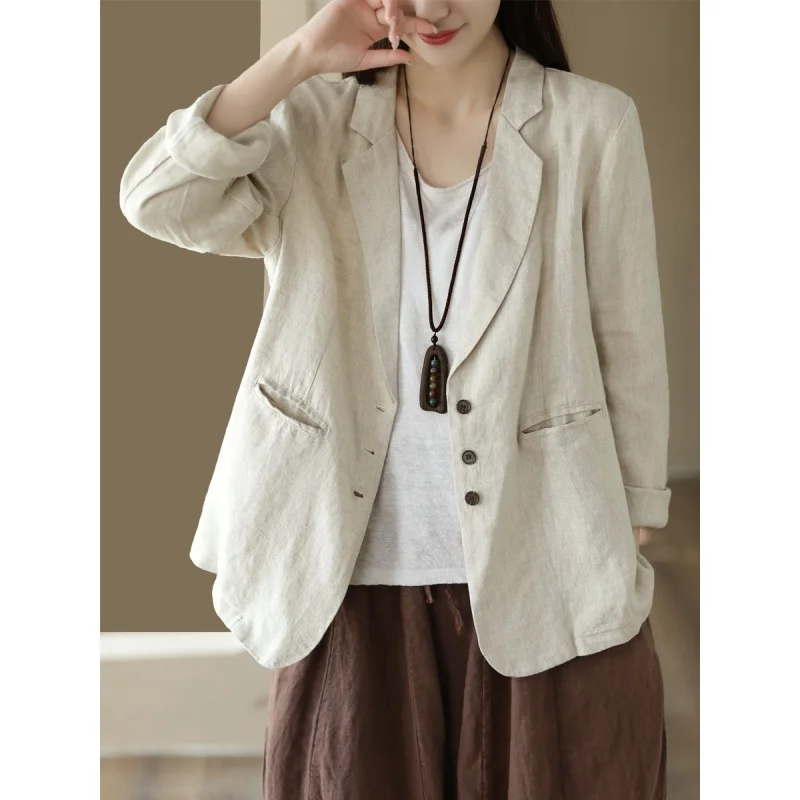 Chaqueta Blazer Holgada de Lino para Mujer con Solapa, Tres Botones, Múltiples Bolsillos y Mangas Enrollables