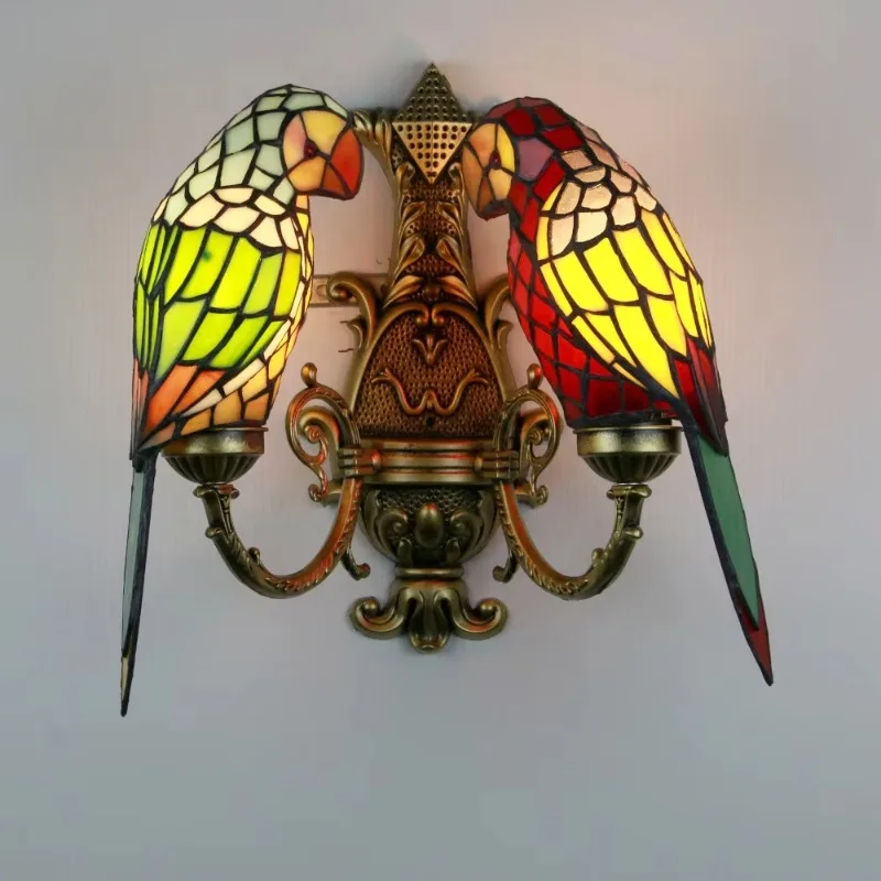 Candeeiro de parede papagaio com abajur vitral varanda quarto candeeiro de parede pássaro