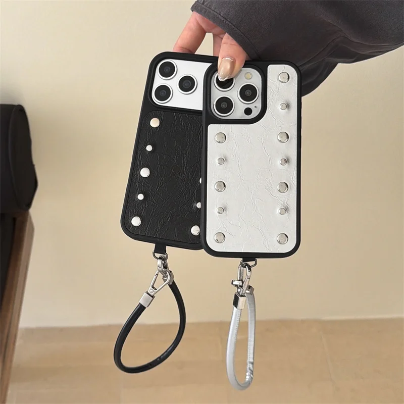 

Luxury Leather Cute Phone Case For iPhone 17 Pro 16 15 14 Pro Max Cover with Hand Rope Shockproof Hard Cases For iPhone16Pro Fun