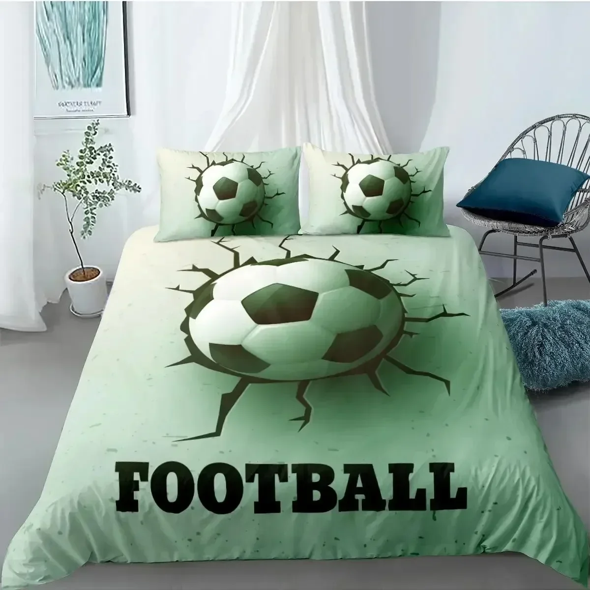 

Soccer Duvet Cover Sets FootBall and Old Plaster Wall Damage Destruction Punching Bedding Sets Teens Queen Polyester Quilt Cover