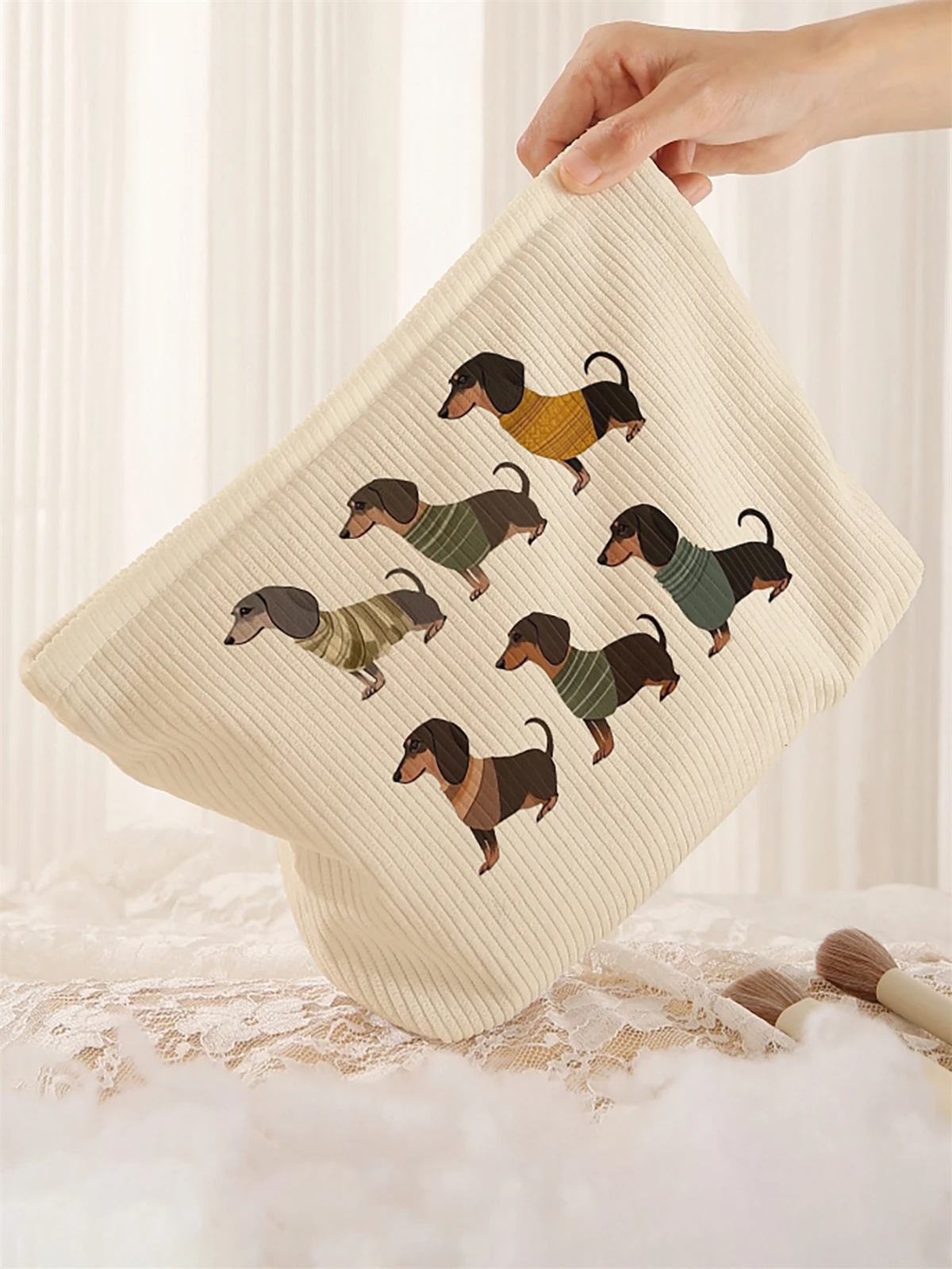 Cartoon Dog Pattern Printed Corduroy Makeup Bag, Lightweight Zipper Makeup Storage Box, Multifunctional Bag Corduroy Makeup Bag