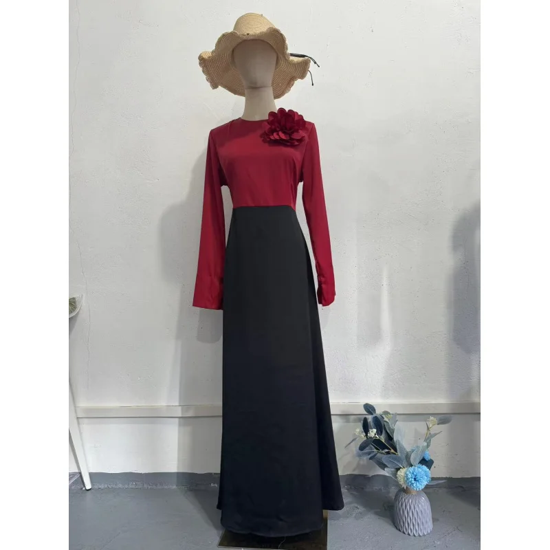 Autumn New Satin Slim Fit Patchwork Color-Block Floral Accessory Long Dress