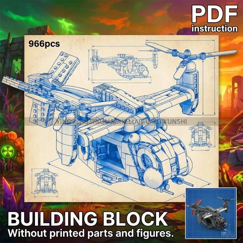 

Военный транспортный самолет Falowt Twin Tilt-Rotor VTOL, модель из серых блоков MOC