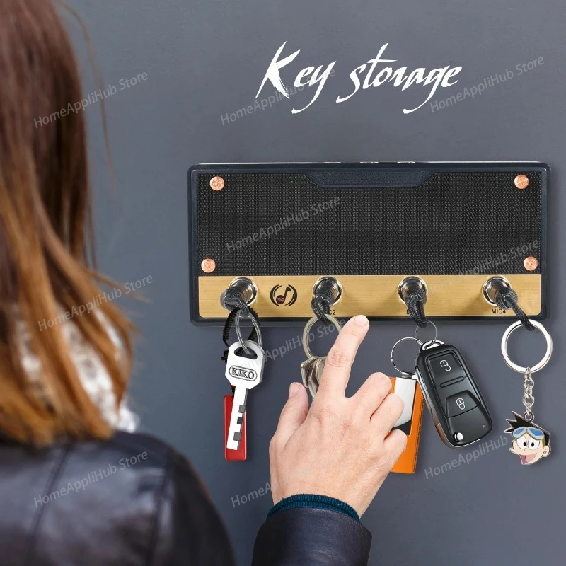 Guitar Key Amp Holder Box, Home Keys Hooks for Guitar-Enthusiasts, Musicians Decor & Organization with 4 Keychains Plug Key Fobs