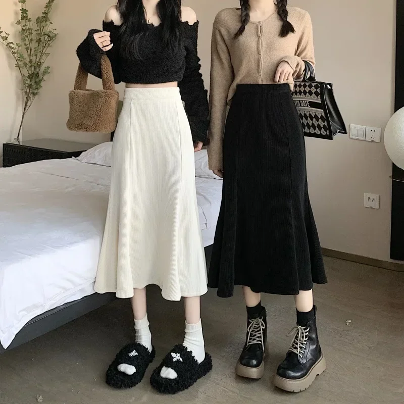 Cord Lange Meerjungfrau Rock Frau 2023 Frühling Rüschen Hohe Taille Midi Röcke Frauen Koreanische Zurück Elastische Schwarz Rock Damen