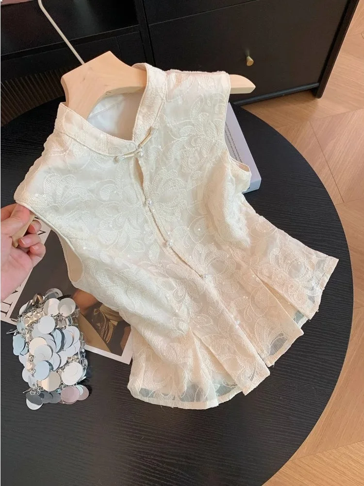 Nieuwe Chinese Sle Geborduurde Stand Kraag Svel irt Dames Zomer Taille-Knipperende High-End Veelzijdige Top