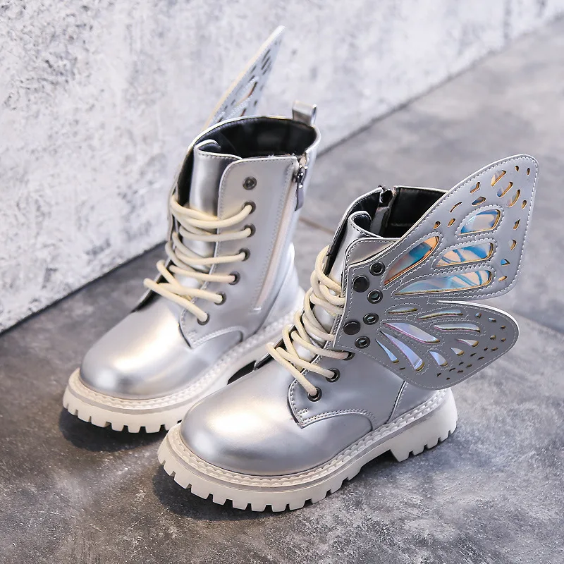 Girl Boot New Autumn Winter Fashion Butterfly Princess Botas Casual Non-slip Ankle Boot Silver Patent Leather Kid Shoe Gril Shoe