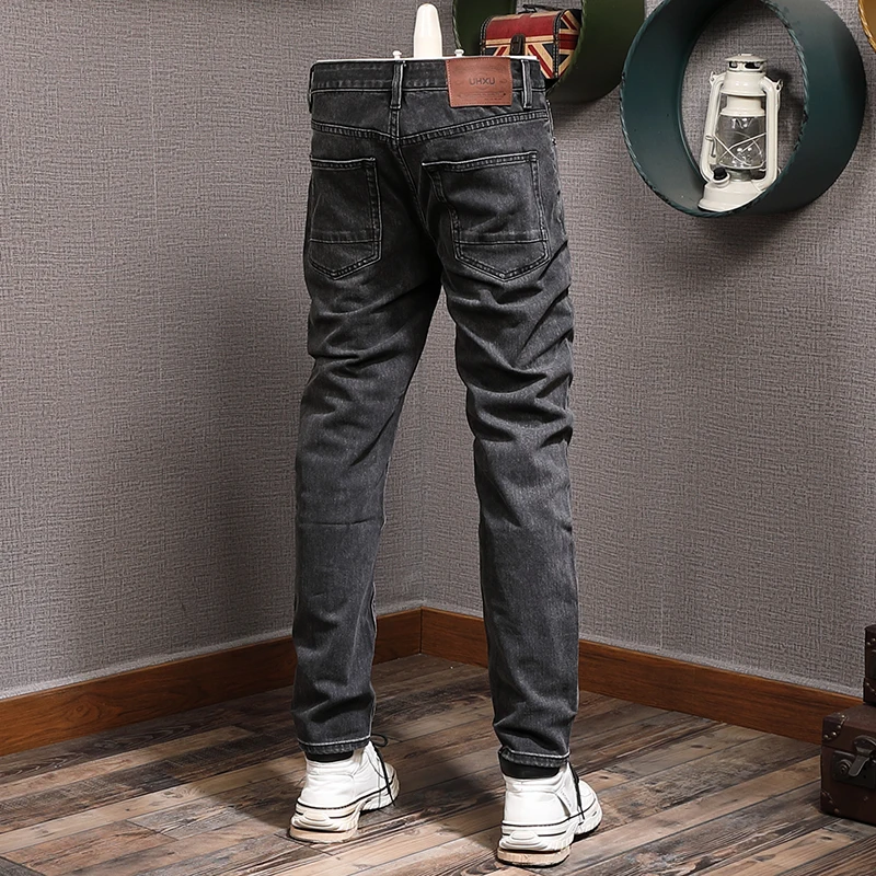 Korean Style Fashion Men Jeans Retro Black Gray Elastic Slim Fit Casual Denim Pants Hombre Vintage Designer Jeans Men Trousers