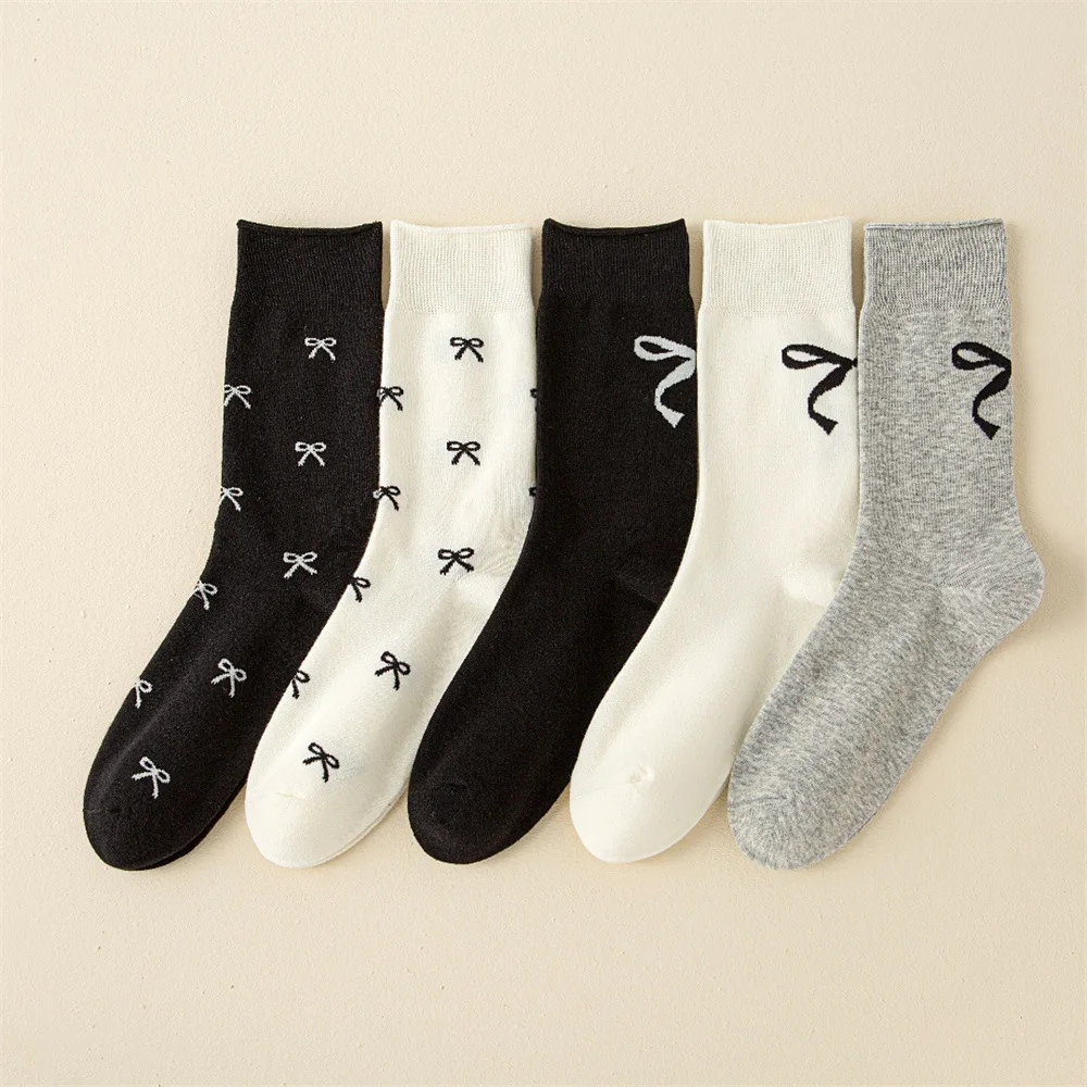 Bow Socks Solid Colored Stockings Sweet Women'S Socks Mid-Tube Socks For Women Soft Cotton Socks Skin-Friendly Breathable