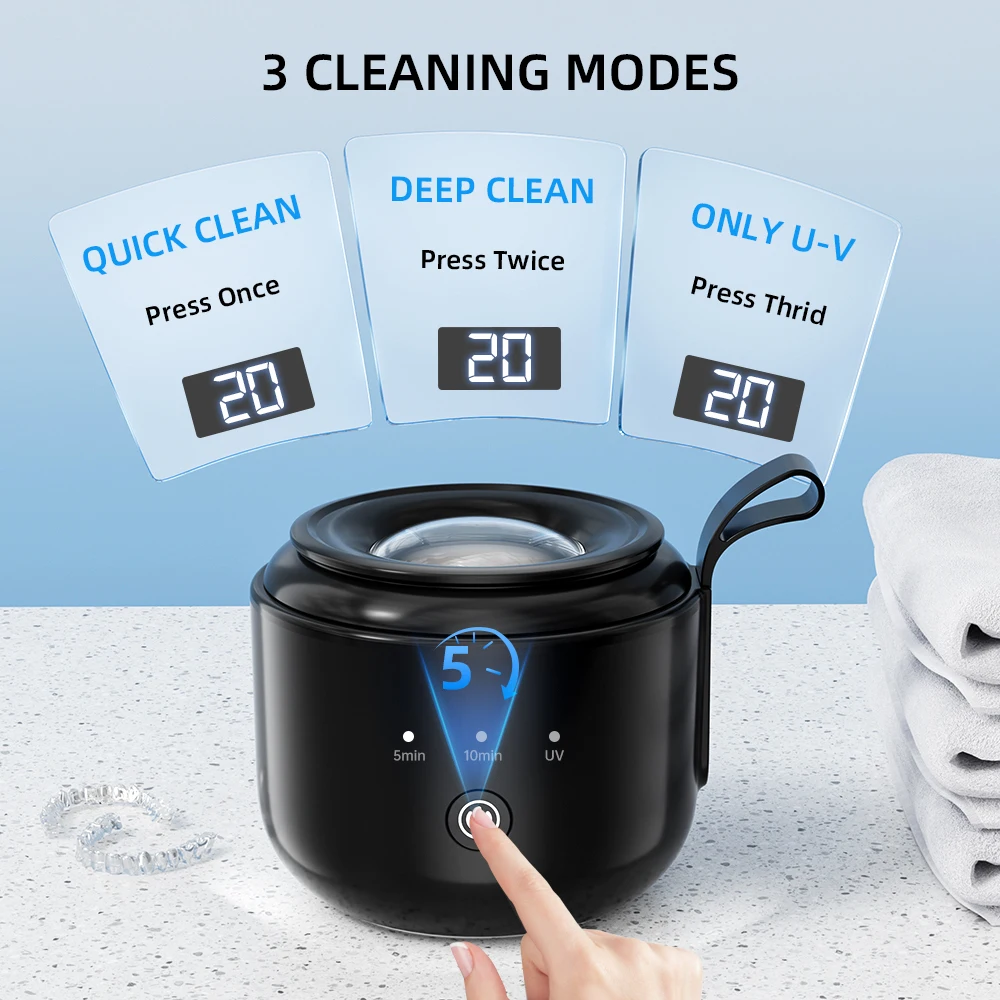 KUNPHY 48kHz Ultrasonic Retainer Cleaner Machine 200ML UV Denture Pod Cleaner 3 Modes with Battery USB for Aligner Jewelry More