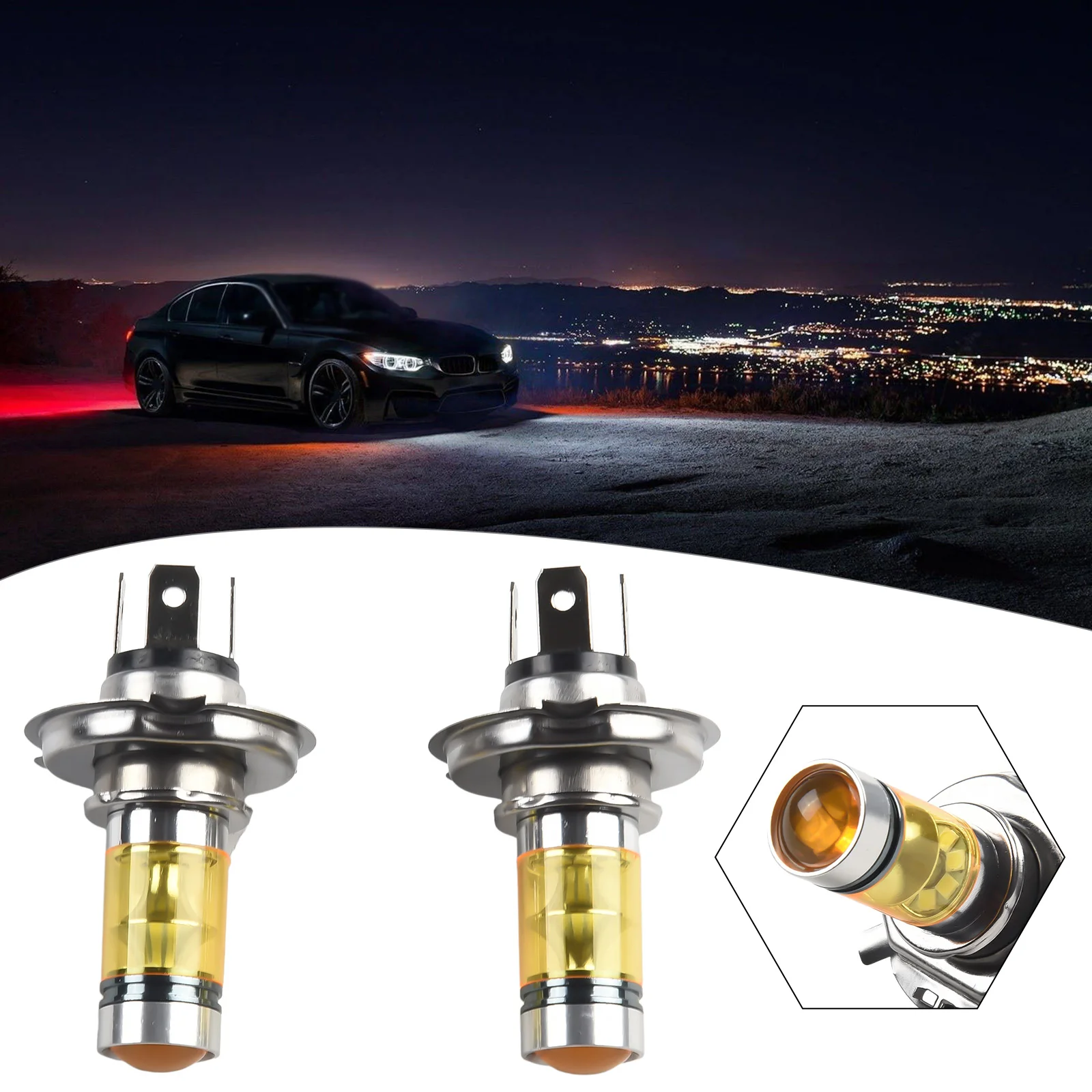 Enhance Nighttime Visibility with H4 6000K Yellow LED Headlight Bulbs, High Power Output, Long Working Life Set of 2