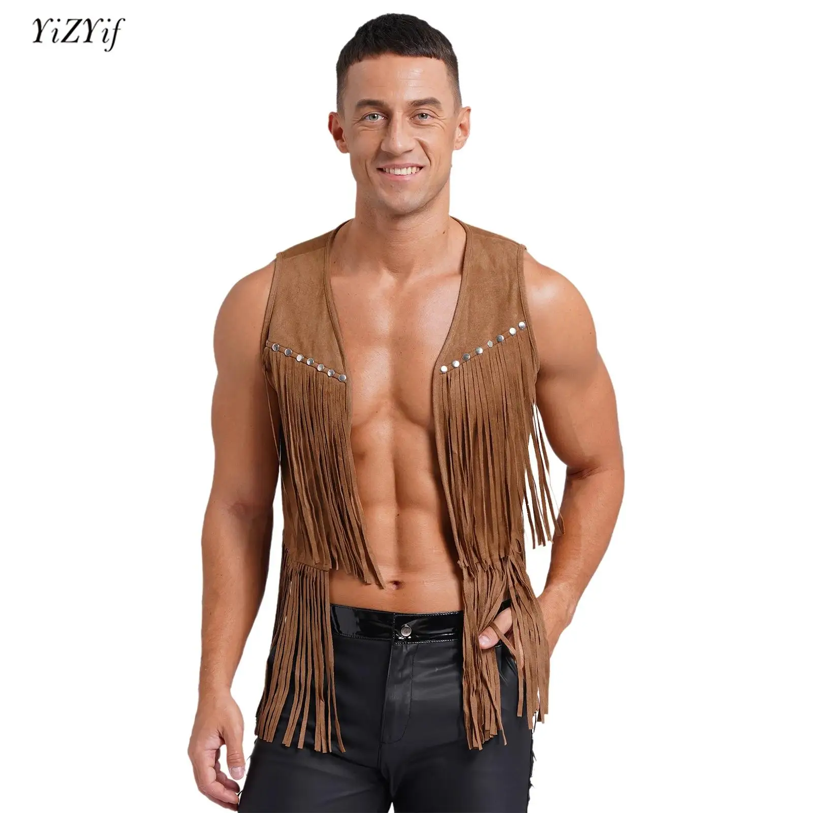 

Mens Faux Suede Tassel Vest Coat Punk Western Cowboy Costumes Fashion Rivets Fringe Waistcoat Open Front Sleeveless Jacket Tops