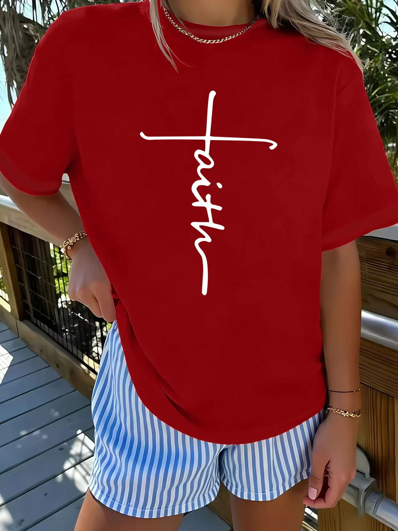 Faith Cross Script Lettering Womens Crew Neck Short Sleeve T Shirt Religious Minimal Inspirational Casual Graphic Tees For Women