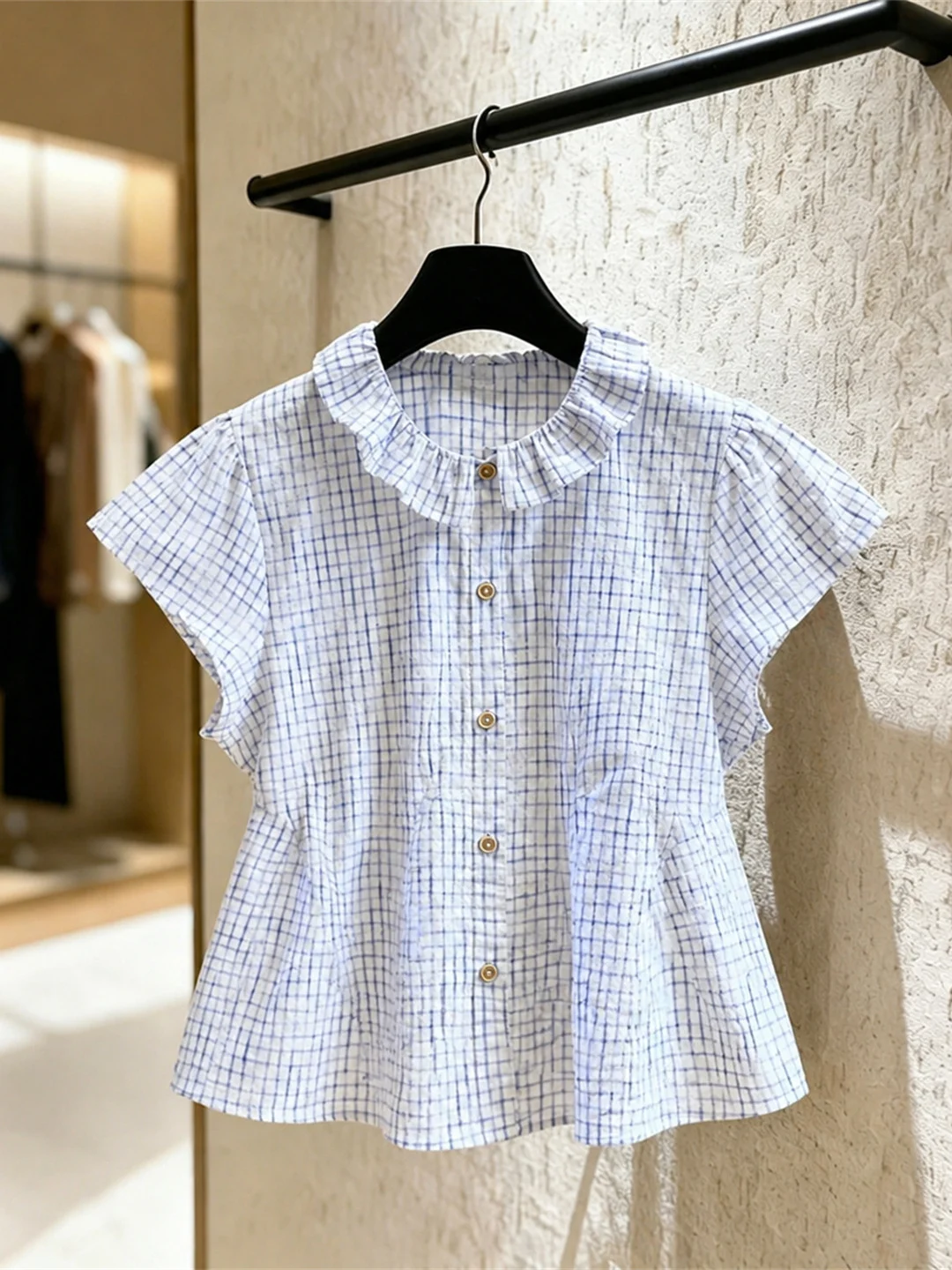 

Korean Style Fashionable Plaid Shirt Short Sleeve Single Button Design Commute Summer New Arrival Women's Silk Top