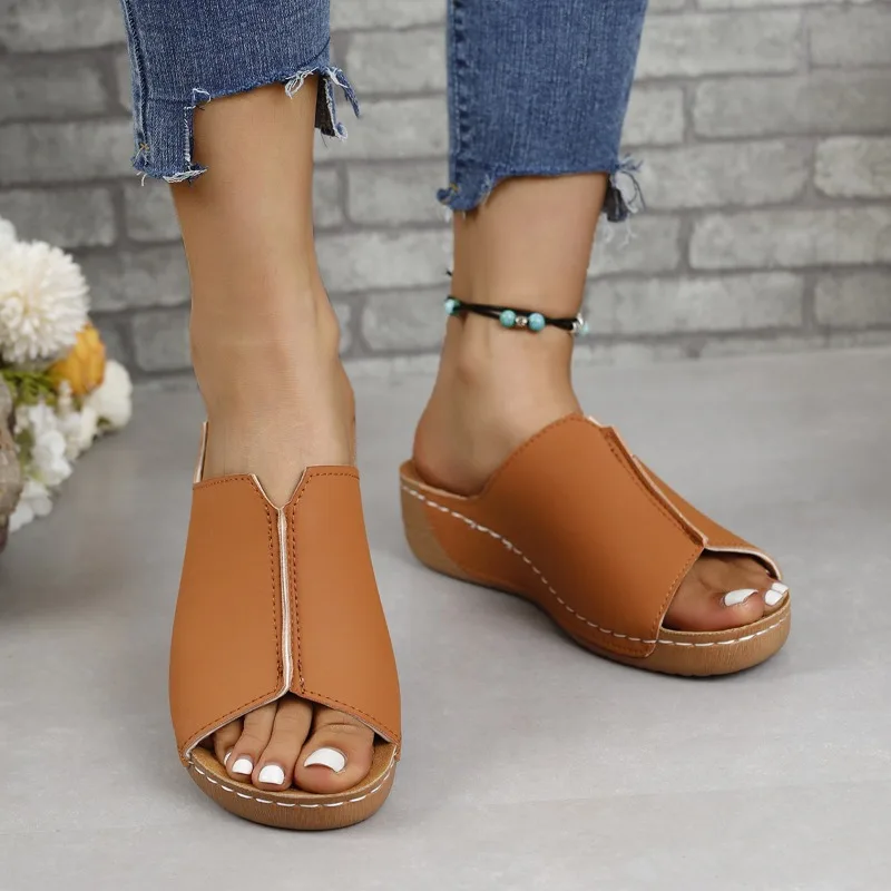 Summer Women\'s Platform Wedges Slippers 2024 Retro New Open Toe Casual Slip on Slides Shoes for Women Outdoor Women\'s Slippers