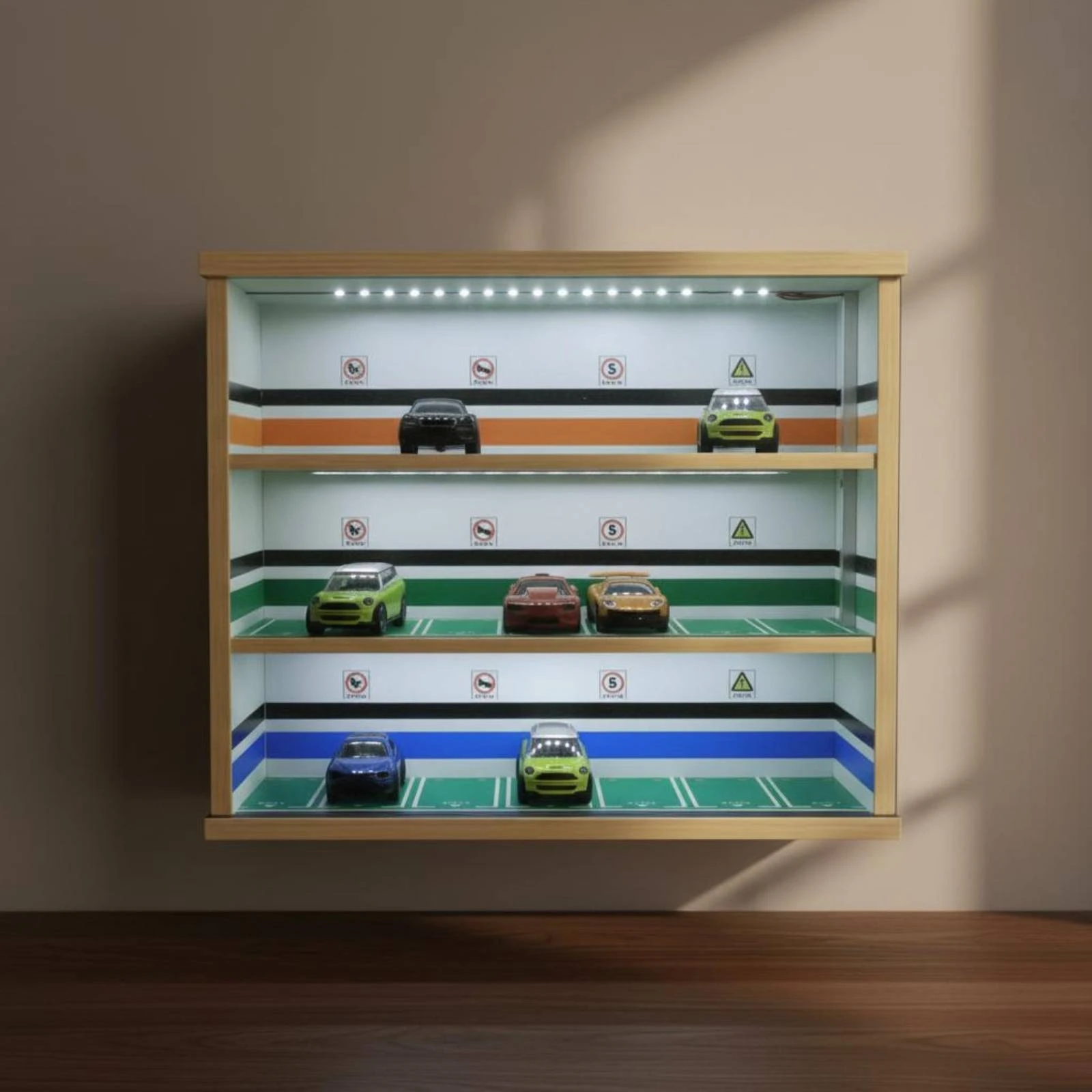 

Model Car Display Case 1:64 Scale Parking Display Cabinet Model Parking Cabinet Three-Tier Mini Car Showcase Marked Bays