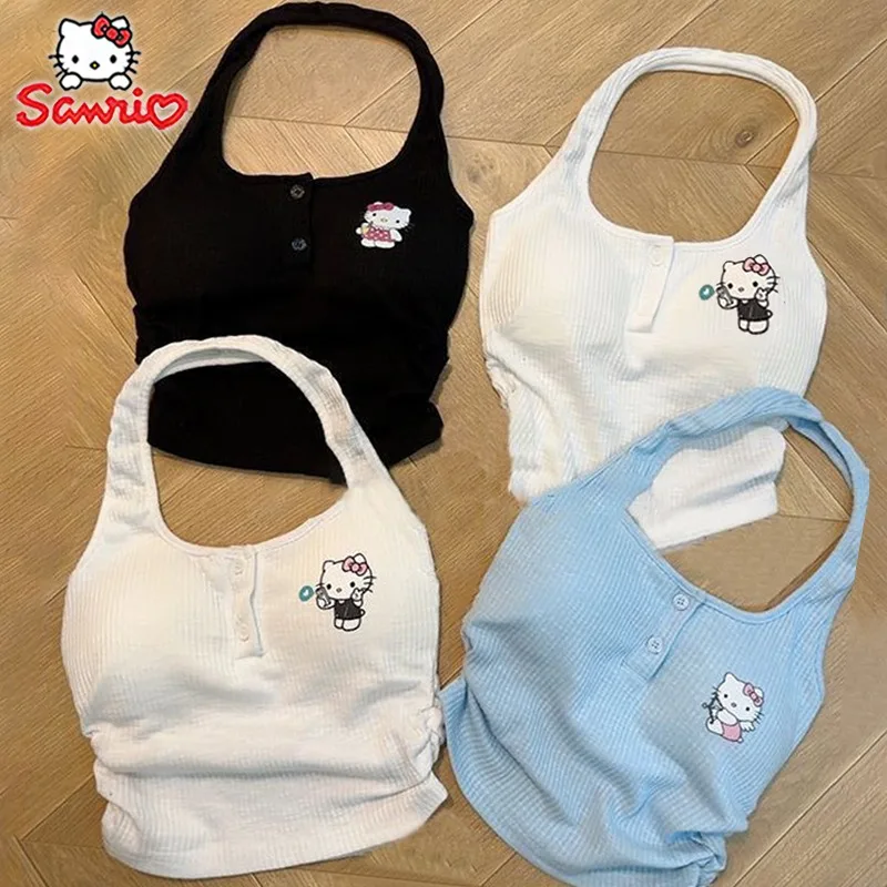 Sanurgente Hello Kitty Precious Top Y2k pour femme, court, serré, sangle de cou, dessin animé, filles mignonnes, haut en fibre précieuse, cadeaux, été