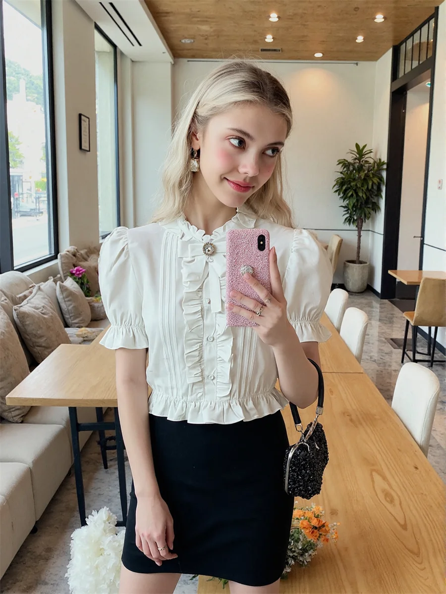 

Woman Clothes White Shirts Short Sleeve Bow Aesthetic Vintage Street Style Y2K Black Cotton Ladies Spring Summer Casual Korean