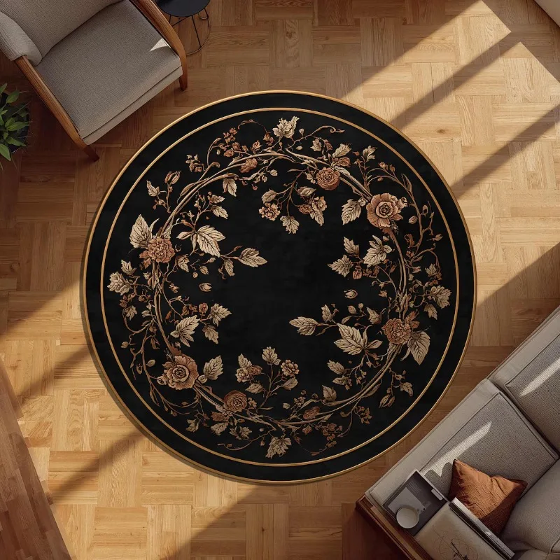 Vintage Floral Wreath Round Rug Luxury Victorian Botanical Decor Soft Non-Slip Floor Carpet Elegant Classic Home Mat
