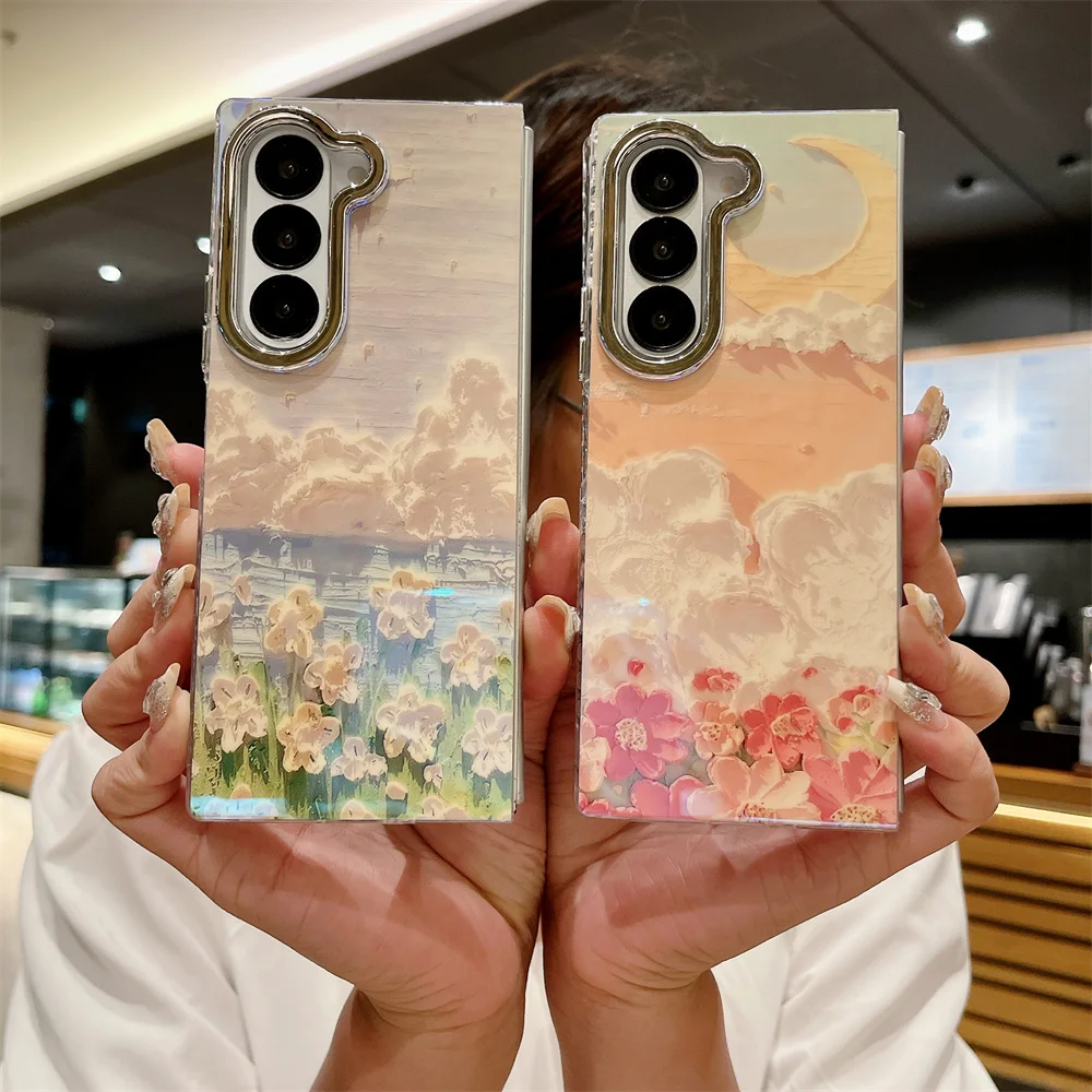 Blu-ray Oil Painting Flower Phone Case For Samsung Galaxy Z Fold 6 5G Protective PC Hard Shell Back Fold6 Cover