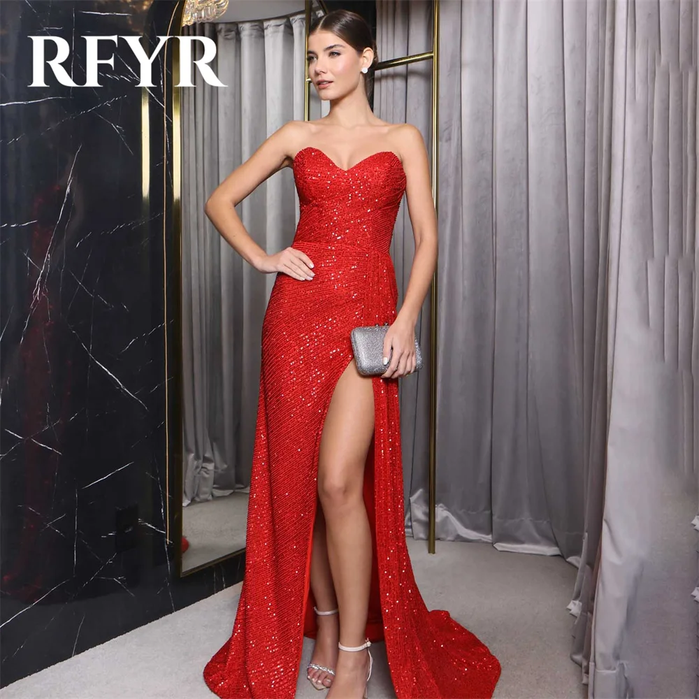 

RFYR Red Mermaid Formal Dresses Stain Pleat Party Dress with SIde Slit Sweetheart Sleeveless Special Occasion Dress robe soirée